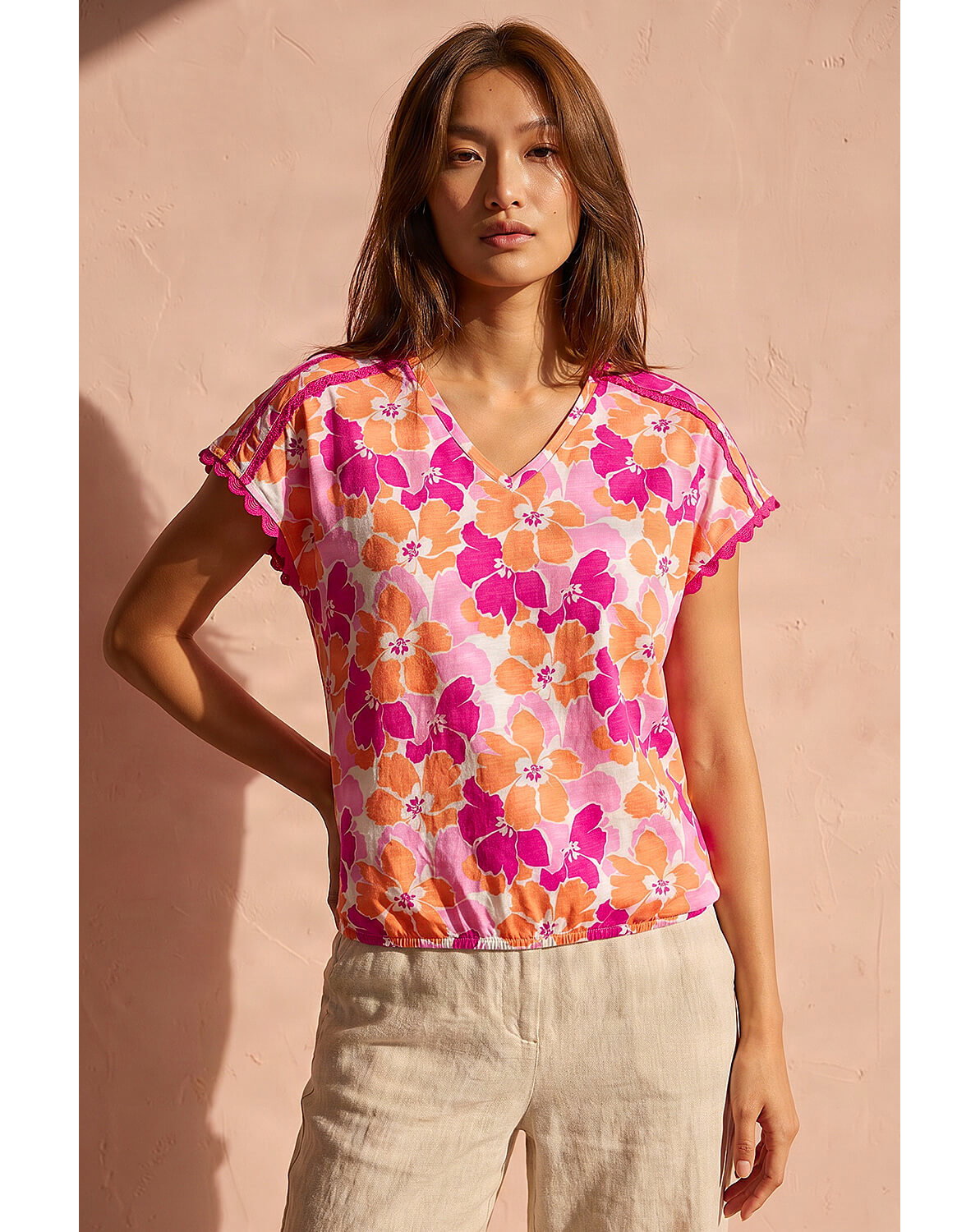 Roman Floral Print Ric Rac Trim Top