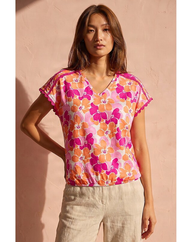Roman Floral Print Ric Rac Trim Top