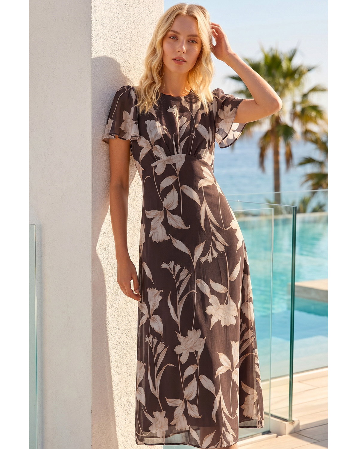 Roman Floral Flutter Sleeve Midi Dress