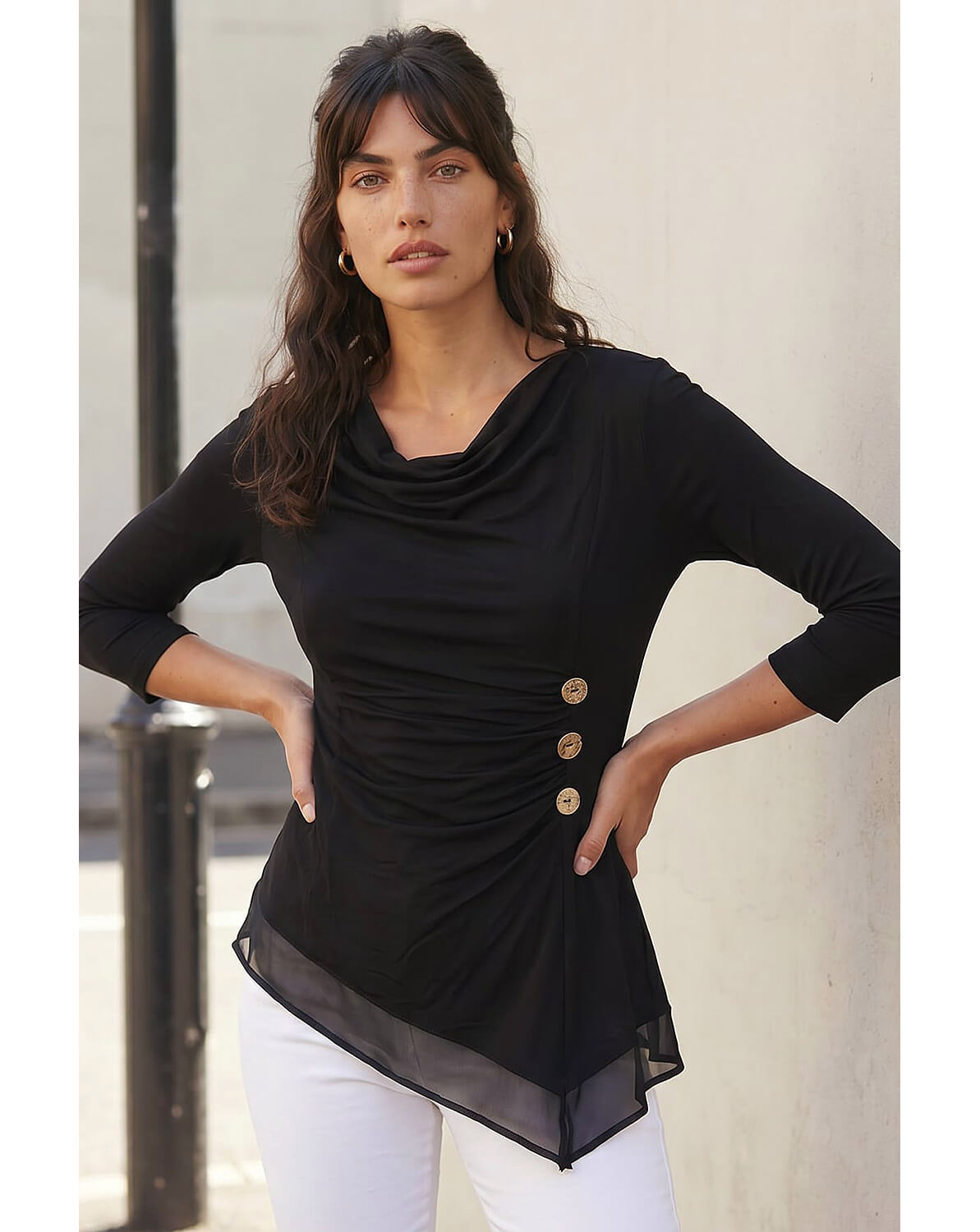 Roman Button Detail Chiffon Hem Top