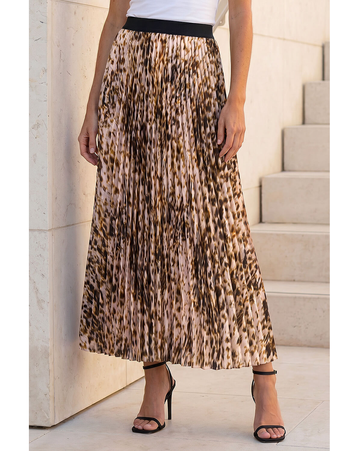 Roman Animal Print Pleated Midi Skirt