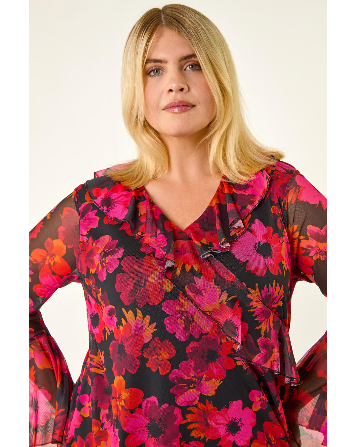 Roman Curve Floral Ruffle Mesh Top