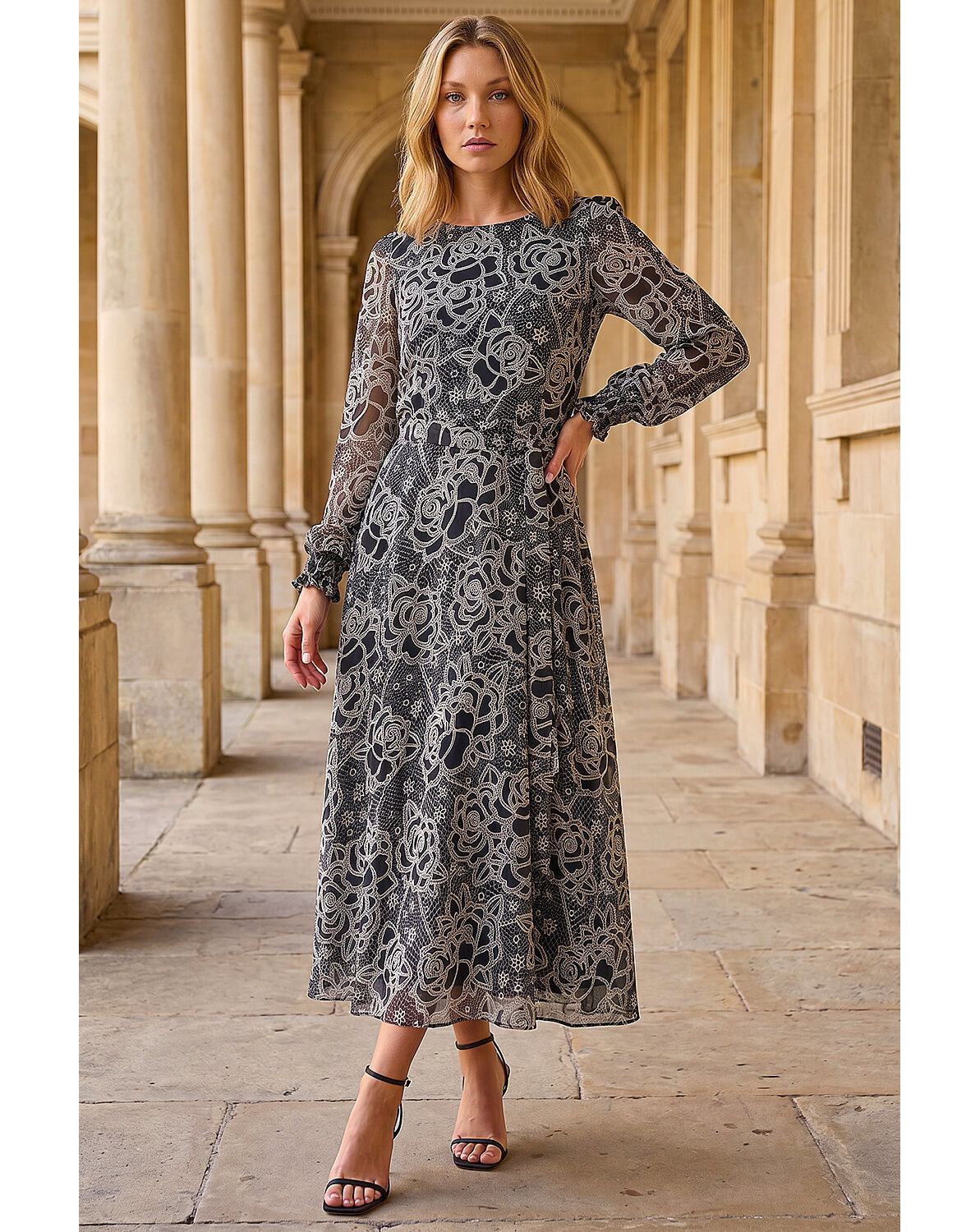 Roman Floral Rose Midi Dress