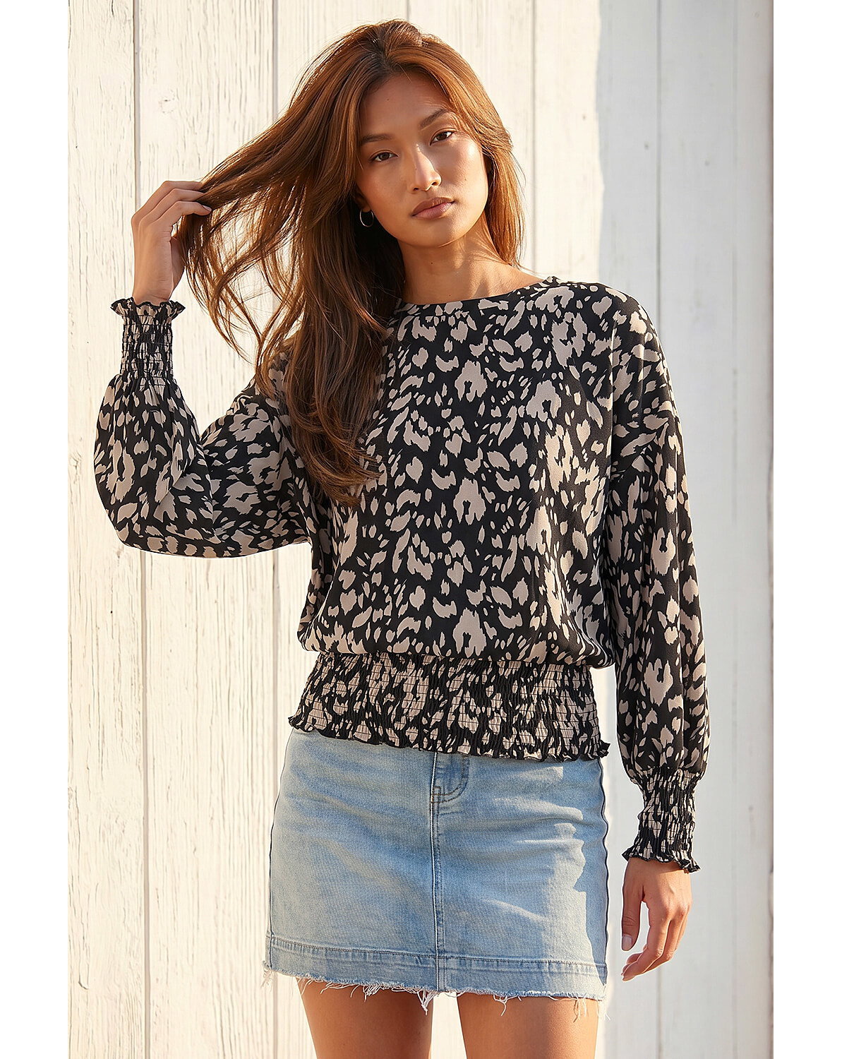 Roman Abstract Print Shirred Hem Top