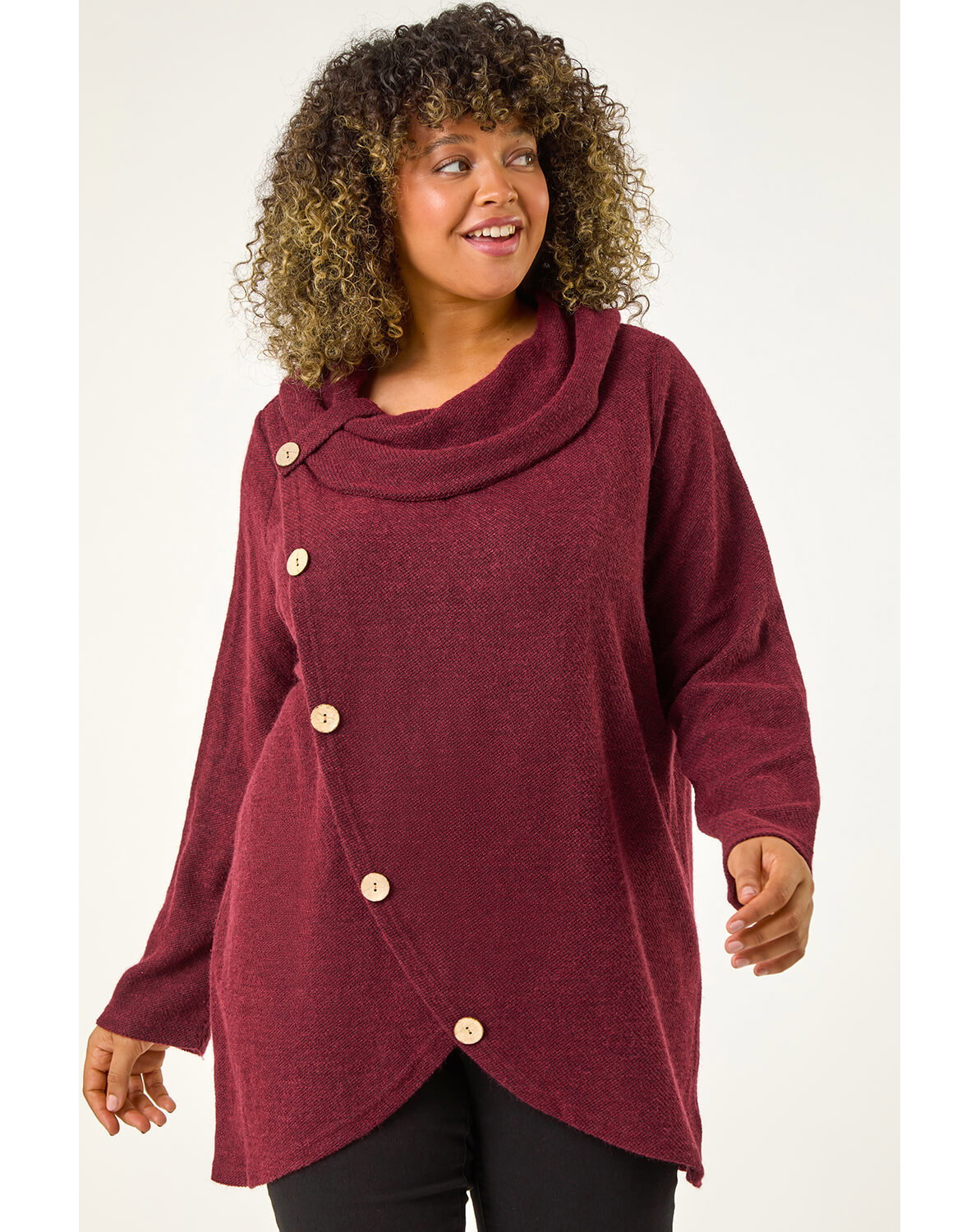 Roman Curve Cowl Neck Button Wrap Top