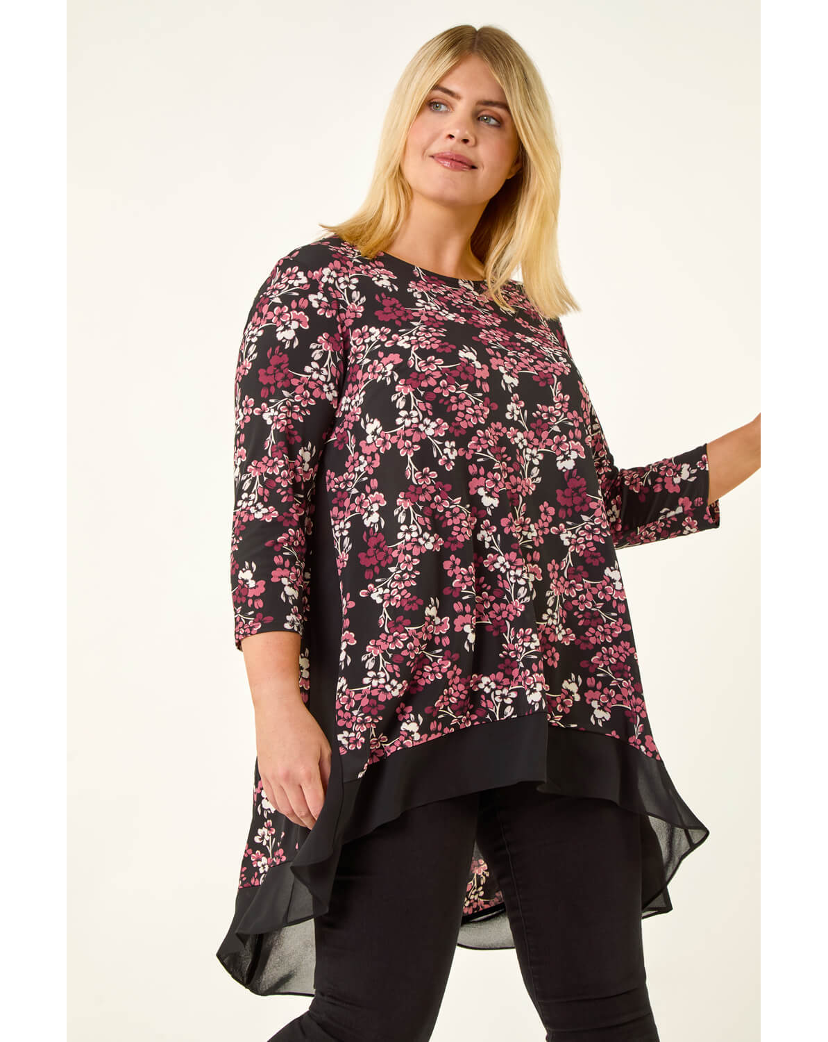 Roman Curve Floral High Low Chiffon Top