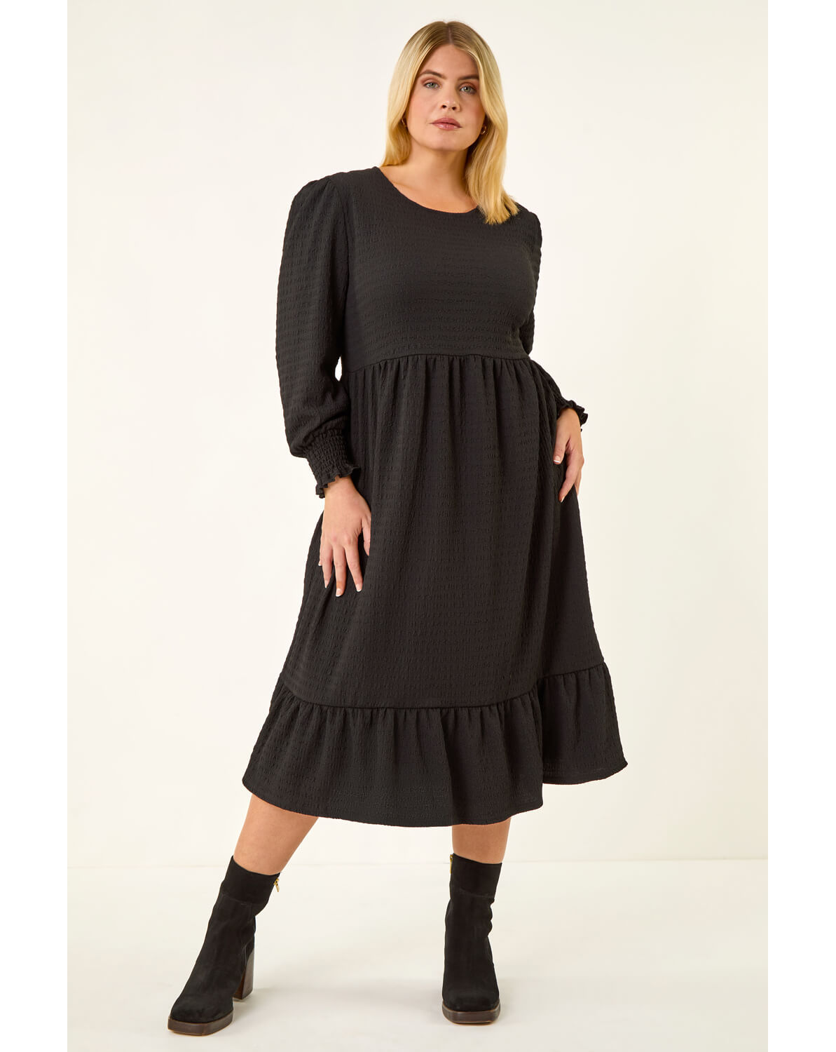 Roman Curve Gathered Stretch Midi Dress