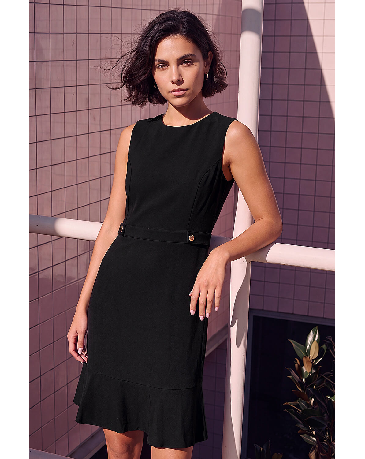 Roman Sleeveless Button Side Short Dress