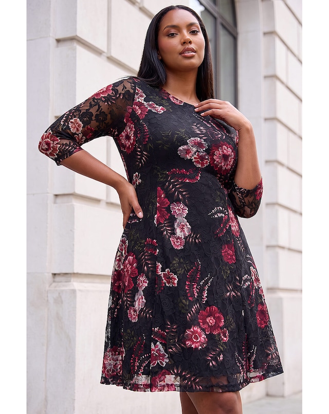 Roman Curve Floral Print Lace Dress