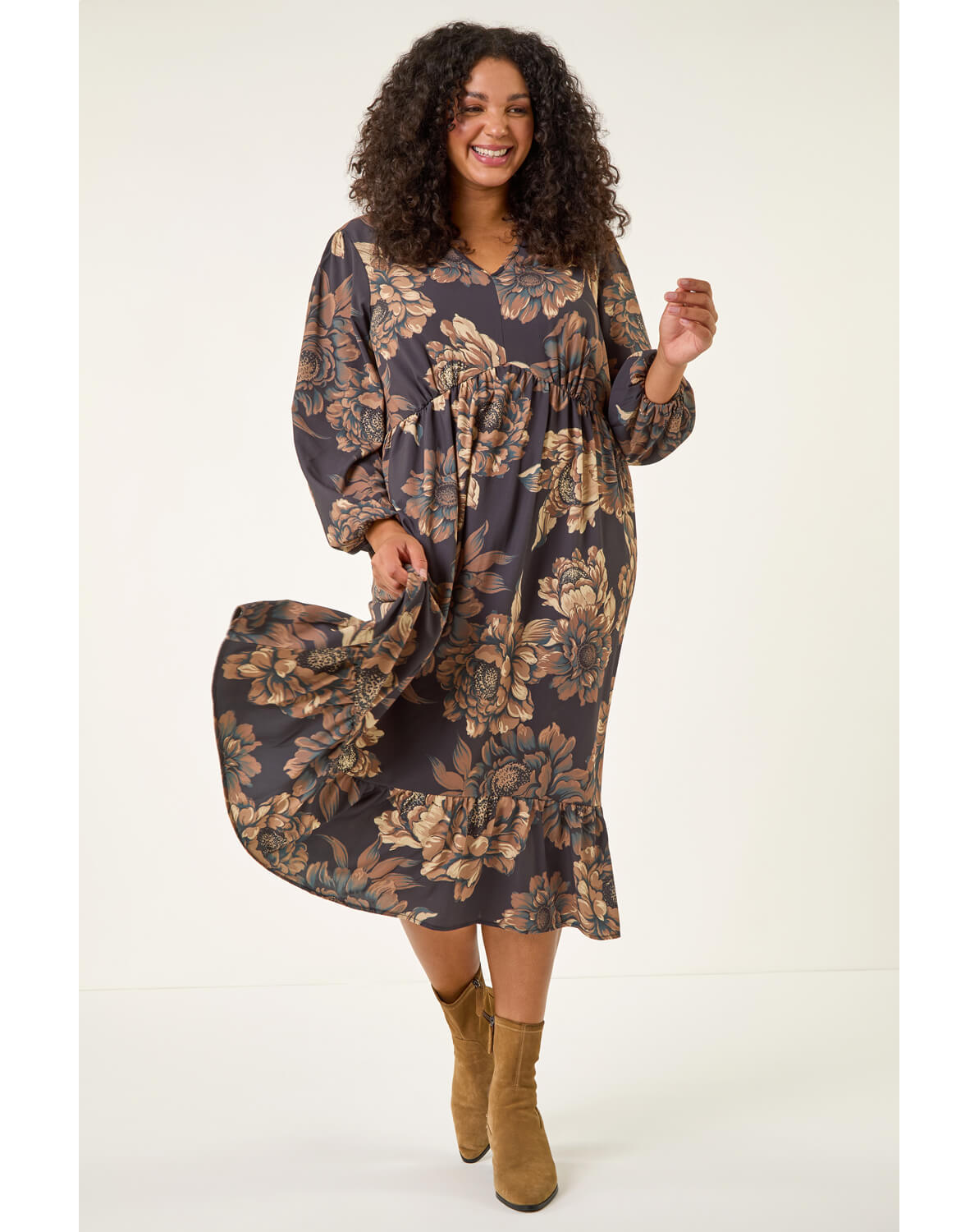 Roman Curve Floral Print Midi Dress
