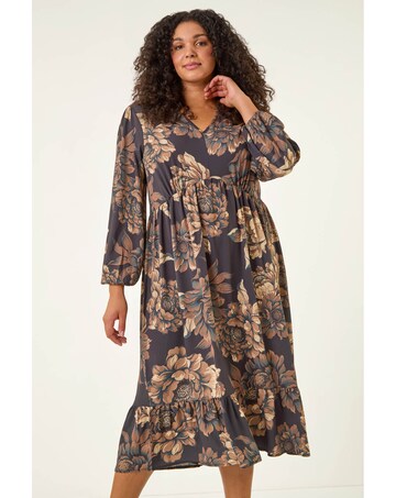 Roman Curve Floral Print Midi Dress
