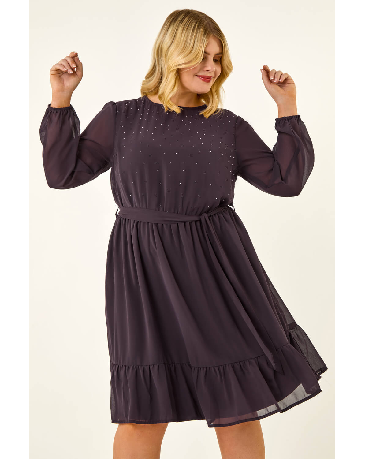 Roman Curve Hotfix Tie Waist Dress
