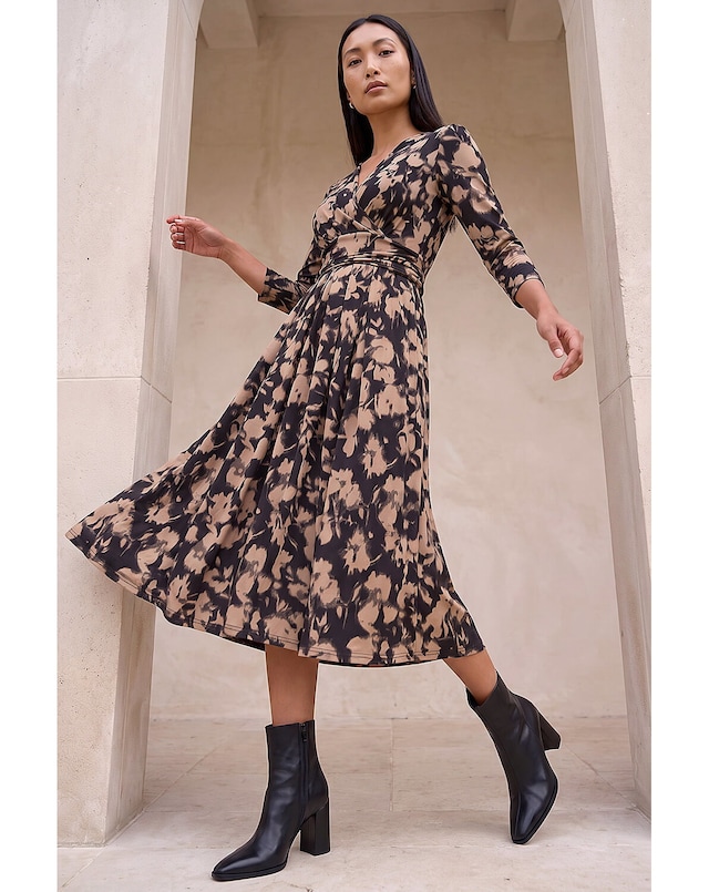 Roman Abstract Floral Wrap Midi Dress