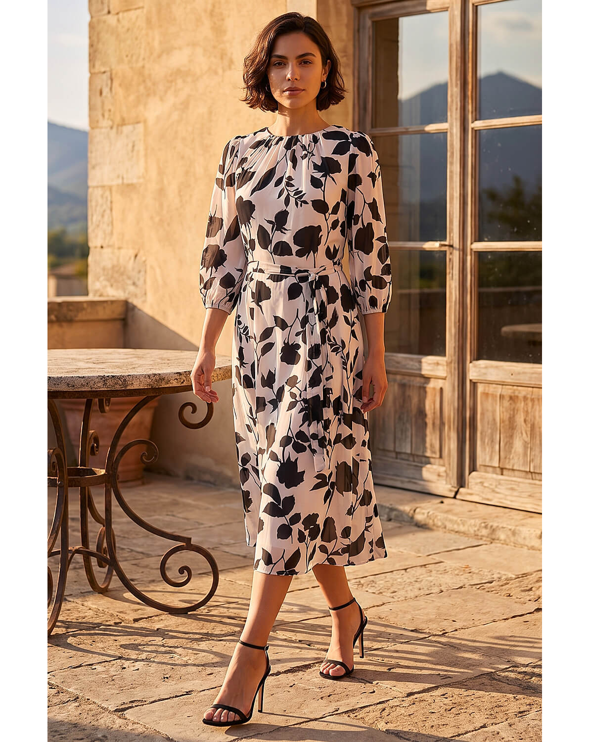 Roman Floral Pleated Midi Dress