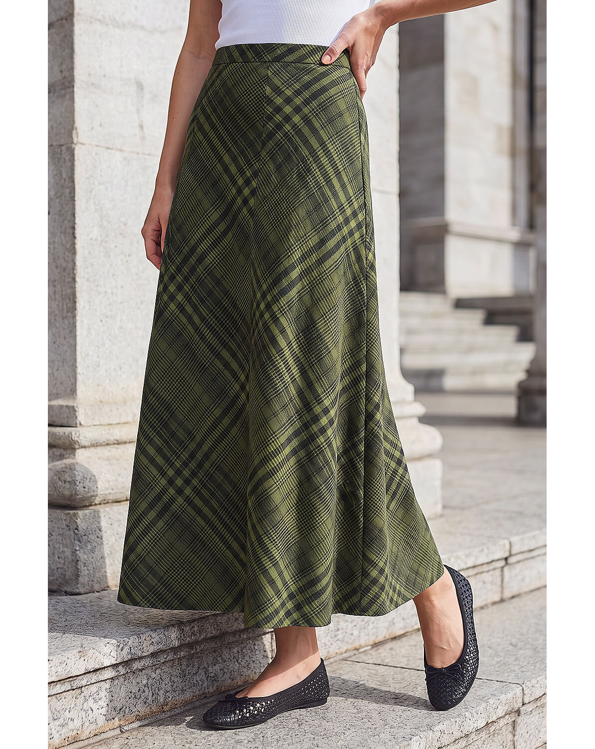 Roman Print Check Midi Skirt