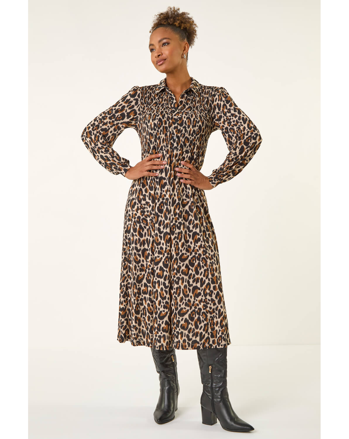 Roman Animal Print Shirred Midi Dress