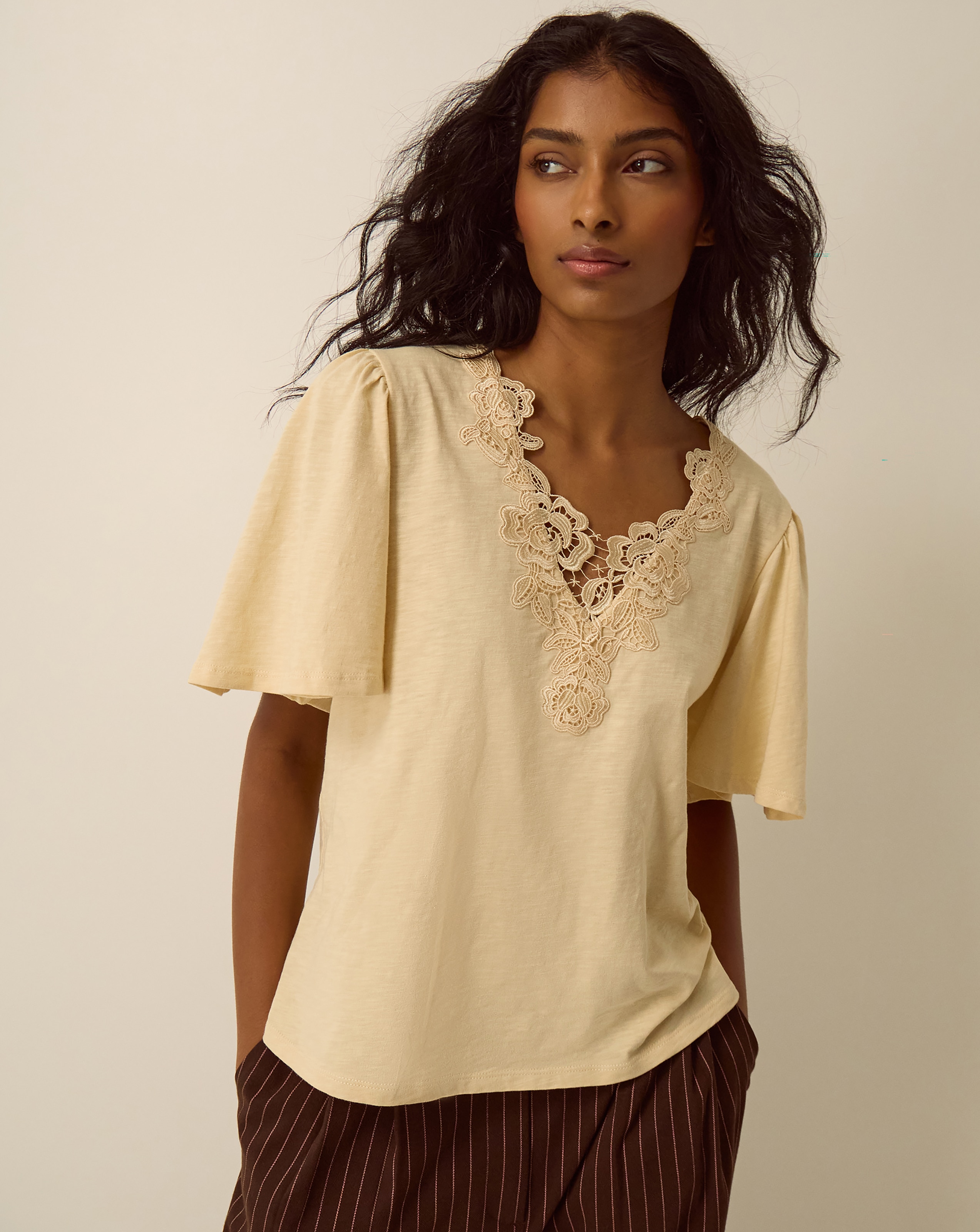 Monsoon Layla V-Neck Lace Jersey Top