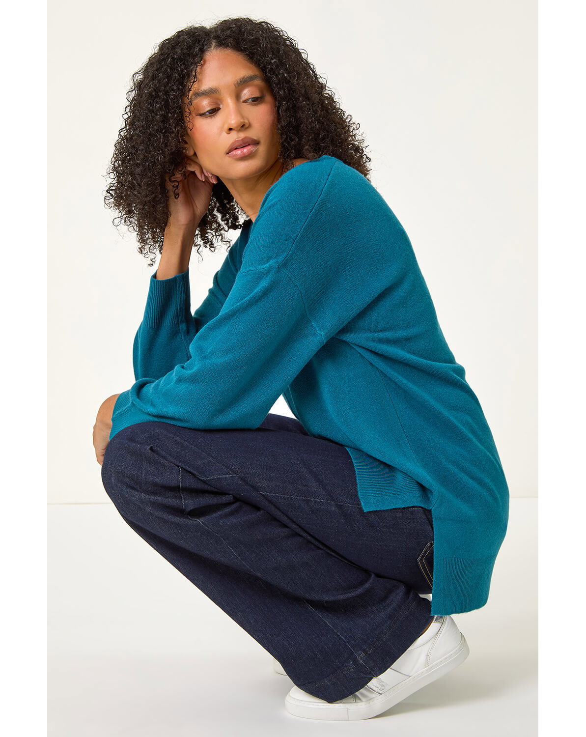 Roman V-Neck Side Split Knit Sweater