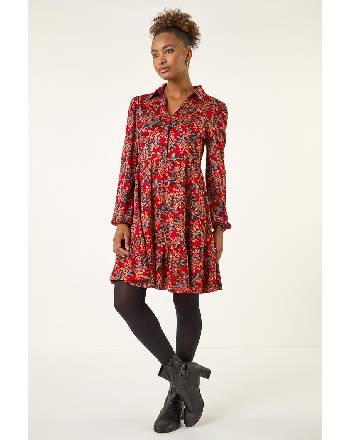 Roman Floral Print Button Stretch Dress
