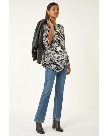 Roman Flock Floral Asymmetric Hem Top