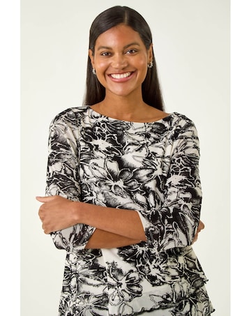 Roman Flock Floral Asymmetric Hem Top