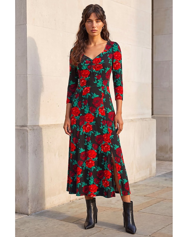 Roman Rose Ruched Midi Dress