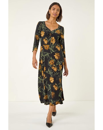 Roman Floral Ruched Stretch Midi Dress