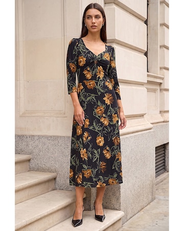 Roman Floral Ruched Stretch Midi Dress