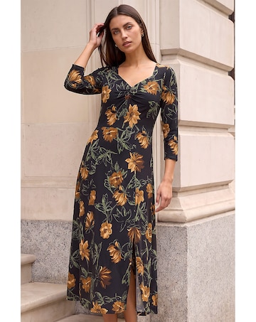 Roman Floral Ruched Stretch Midi Dress