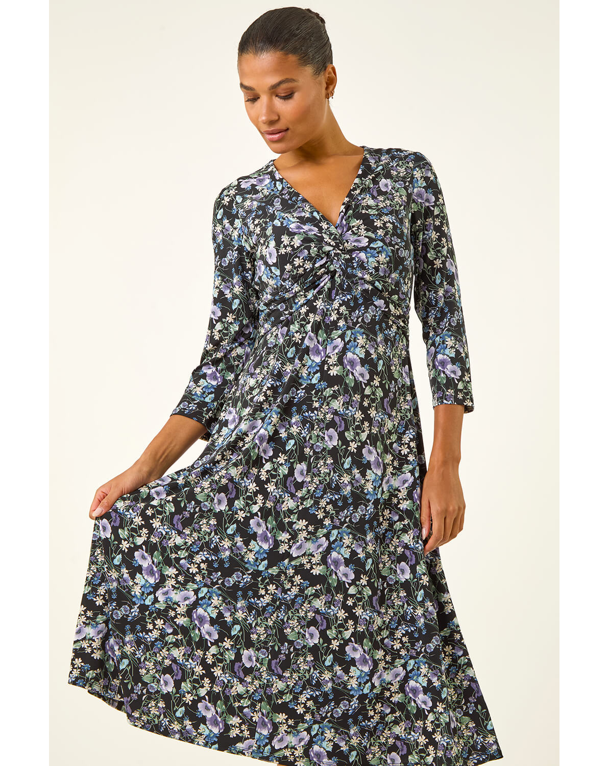 Roman Floral Twisted Front Midi Dress
