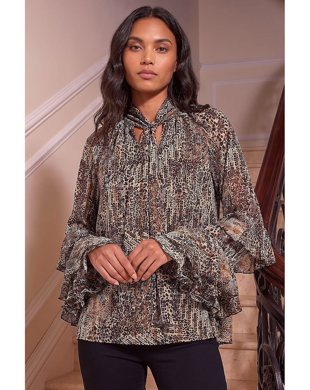 Roman Animal Print Tie Front Flared Top