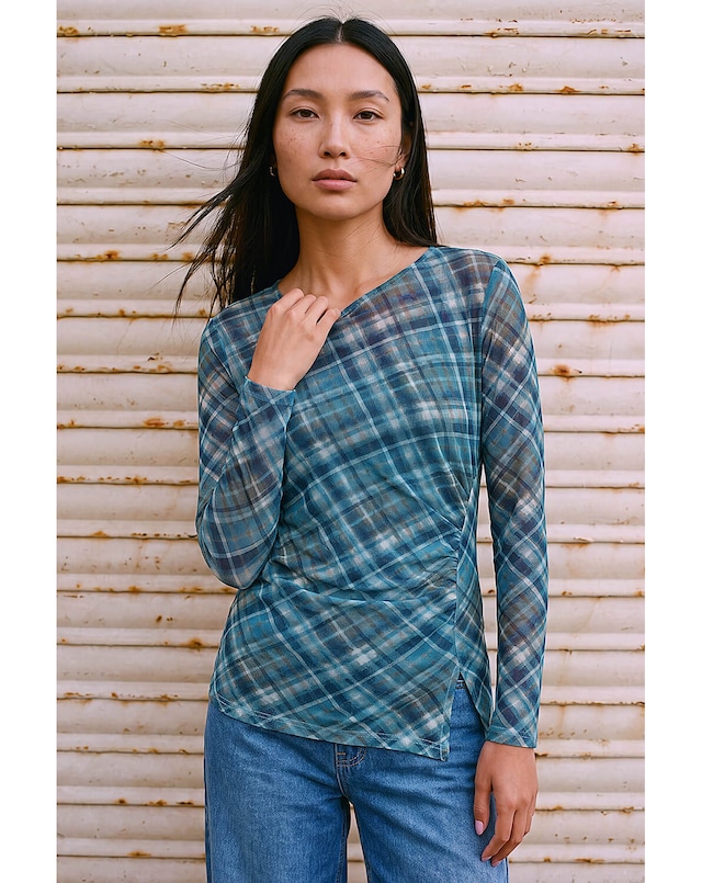 Roman Check Mesh Print Gathered Top