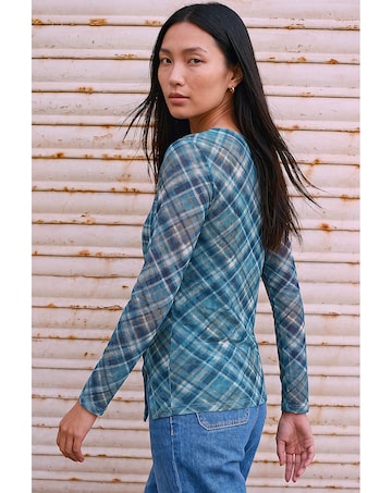 Roman Check Mesh Print Gathered Top