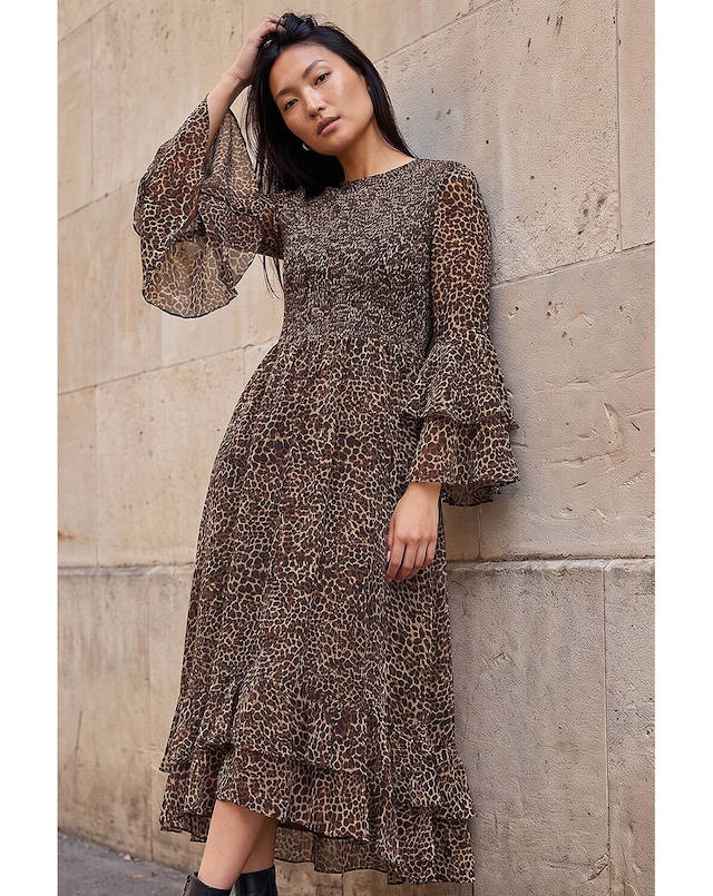 Roman Animal Frill Sleeve Midi Dress