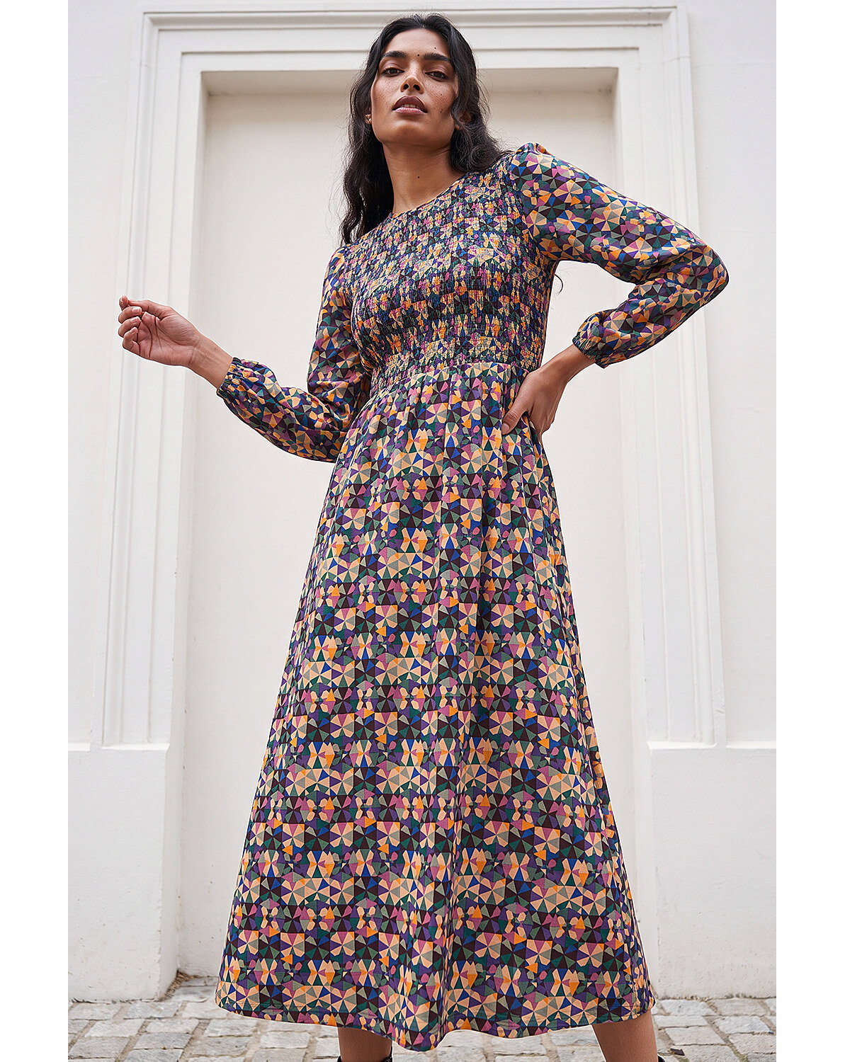 Roman Geometric Print Shirred Midi Dress