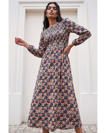 Roman Geometric Print Shirred Midi Dress
