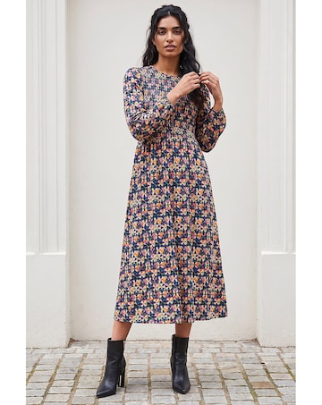 Roman Geometric Print Shirred Midi Dress