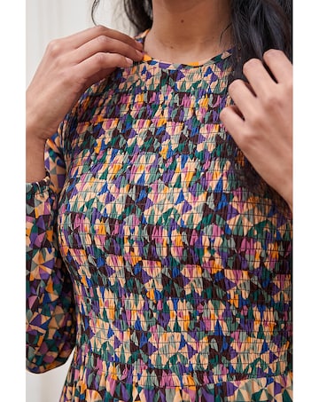 Roman Geometric Print Shirred Midi Dress