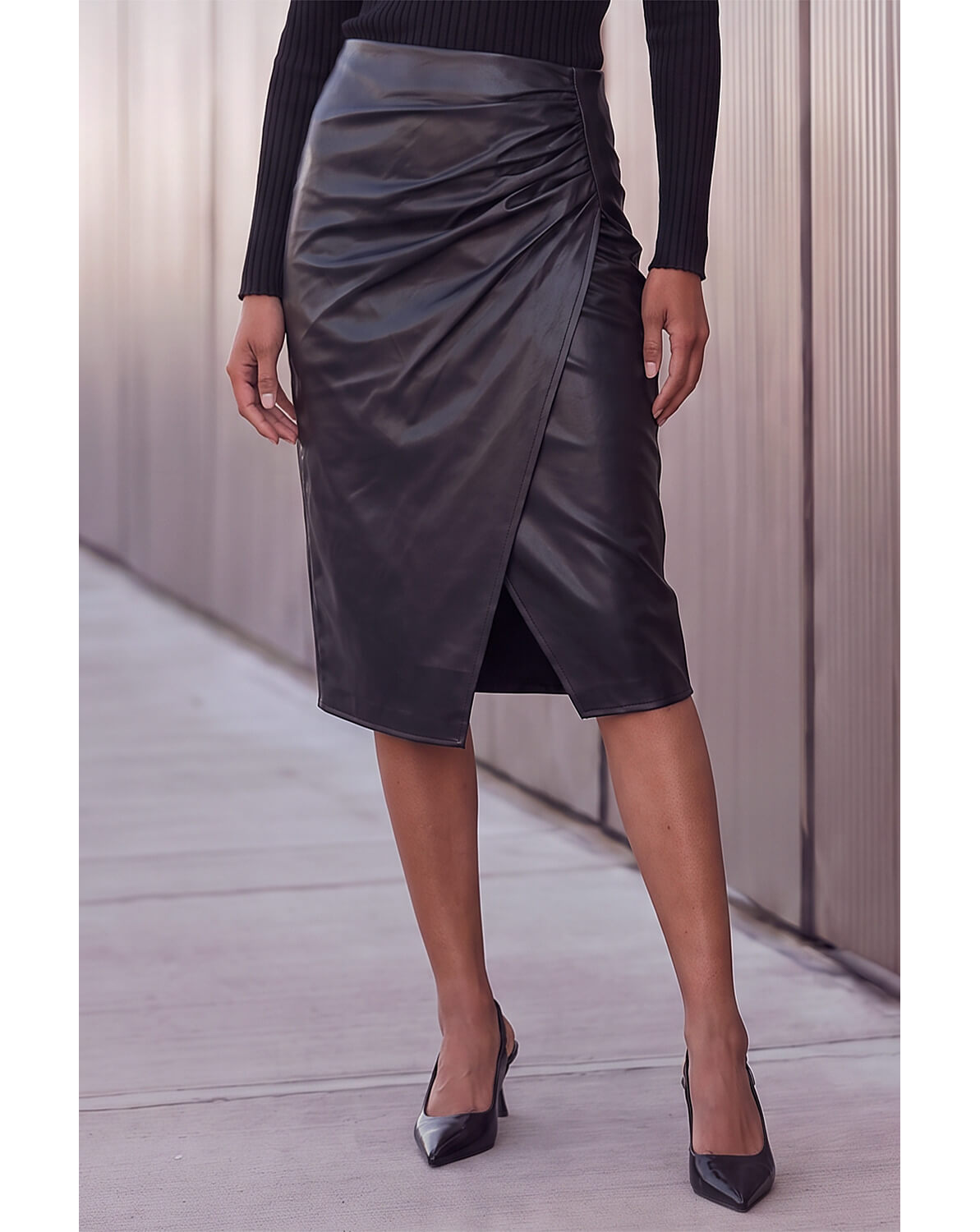 Roman Faux Leather Ruched Wrap Skirt