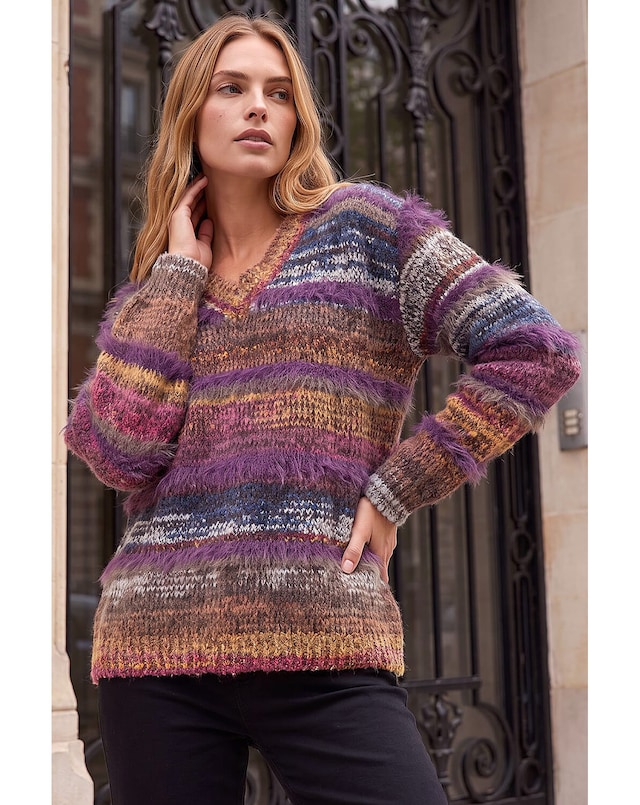 Roman Textured Stripe V-Neck Knit Jumper