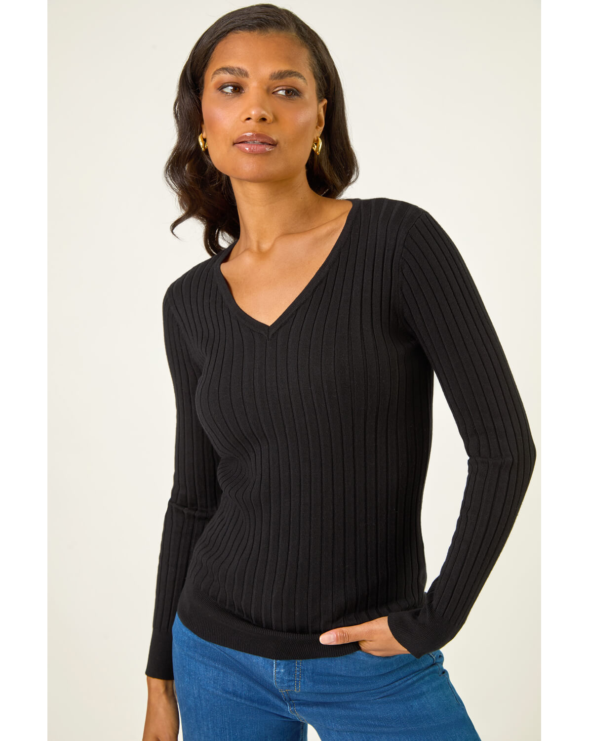 Roman V-Neck Ribbed Knit Jumper