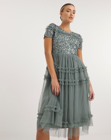Maya Deluxe Puff Sleeve Delicate Sequin Ruffle Midi Dress