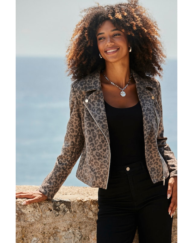 Sosandar Faux Suede Animal Biker Jacket