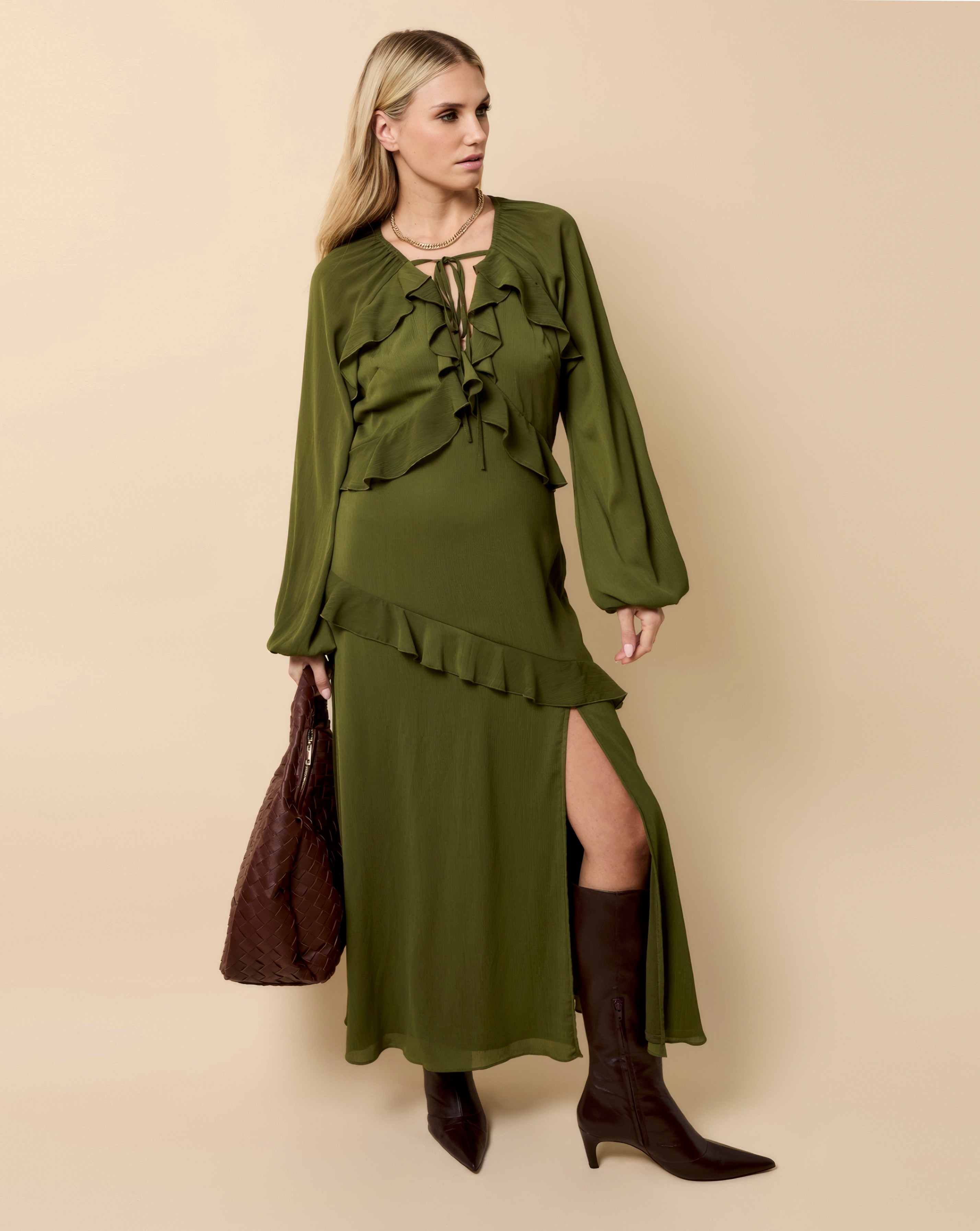 Little Mistress Khaki Rufle MaxI Dress