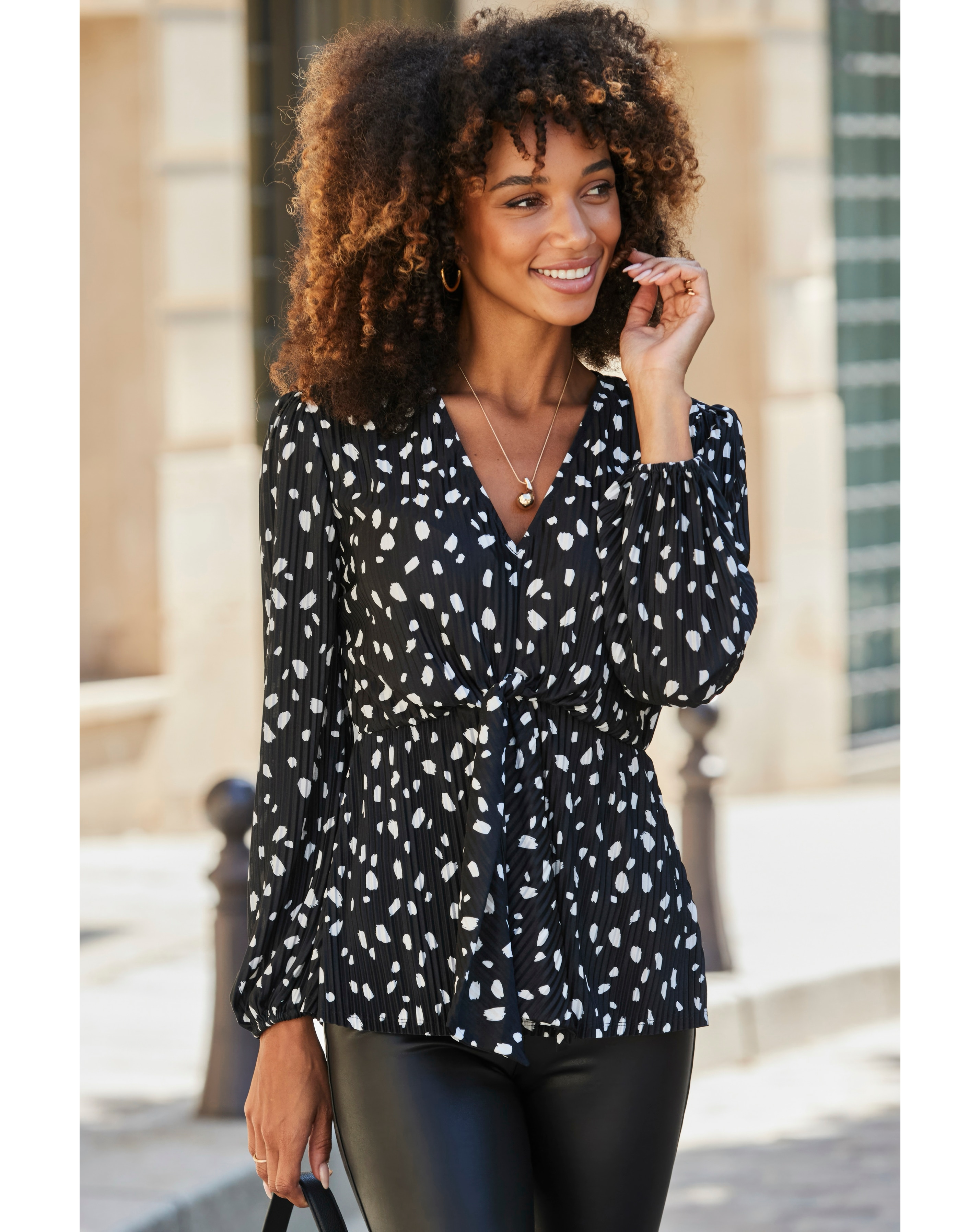 Sosandar Geo Spot Plisse Tie Front Top