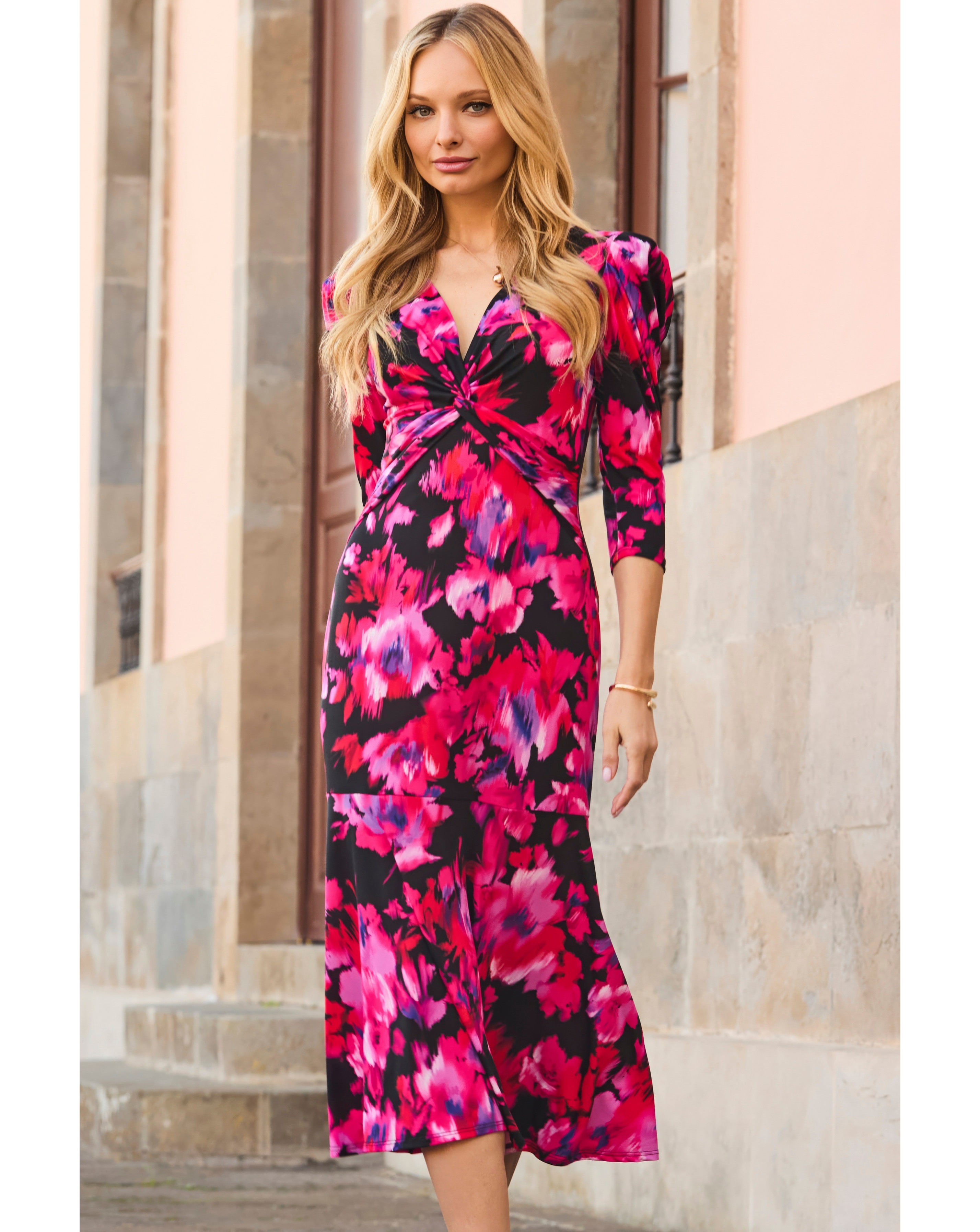 Sosandar Print Twist Front Midi Dress
