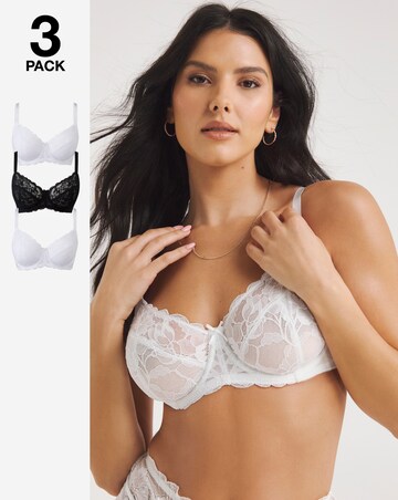 Pretty Secrets 3 Pack Ivy Lace Full Cup Wired Bras B-G - Black/White/White