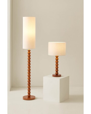 ValueLights Wyatt Wood Bobble Floor Lamp With Tall Linen Shade
