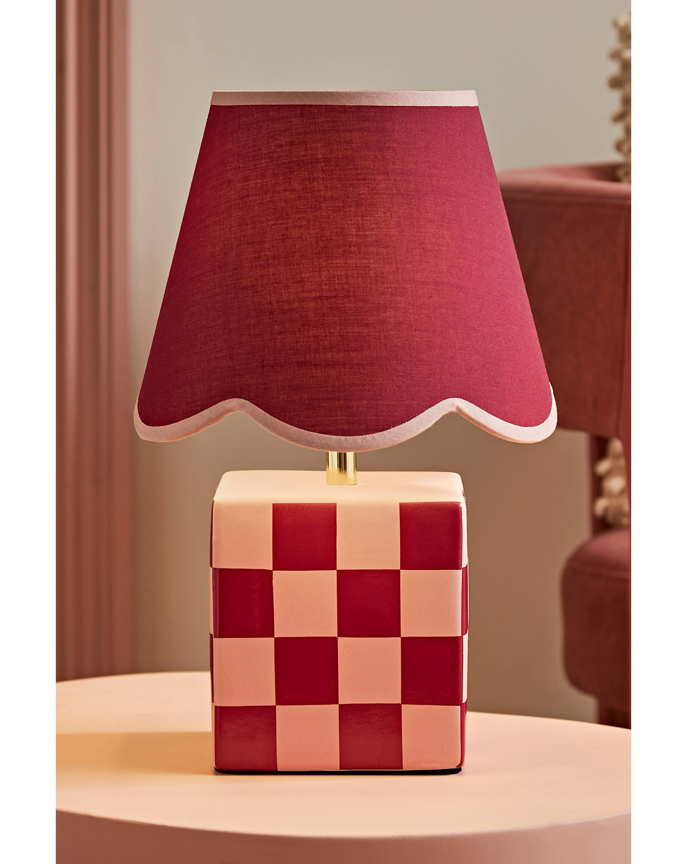 New In - Evie Burgundy Checker Lamp w/ Shade