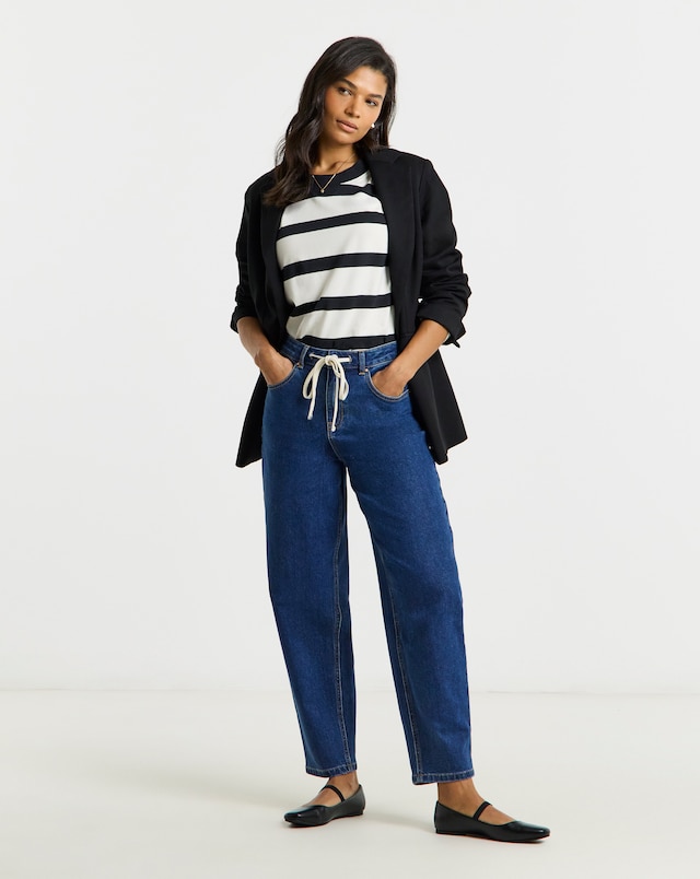 Mid Wash Tie Front Tapered Leg Jeans